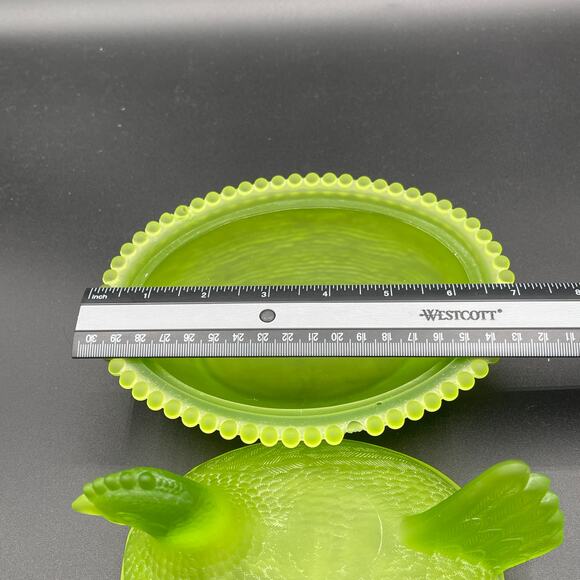 Vtg. Indiana Glass Satin Lime Green Nesting Hen Chicken Candy Dish - Picture 10 of 15